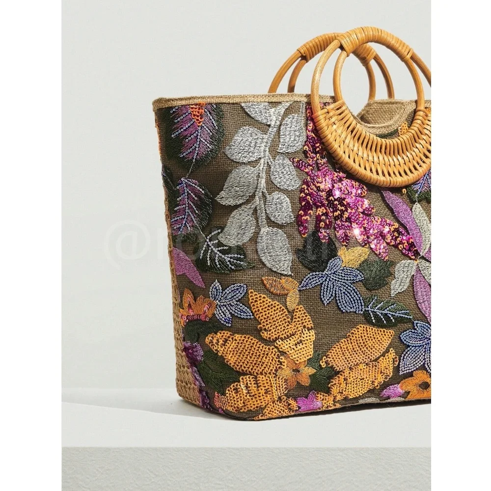 Sequined Floral Decorated Straw Tote Bag Bamboo Handle